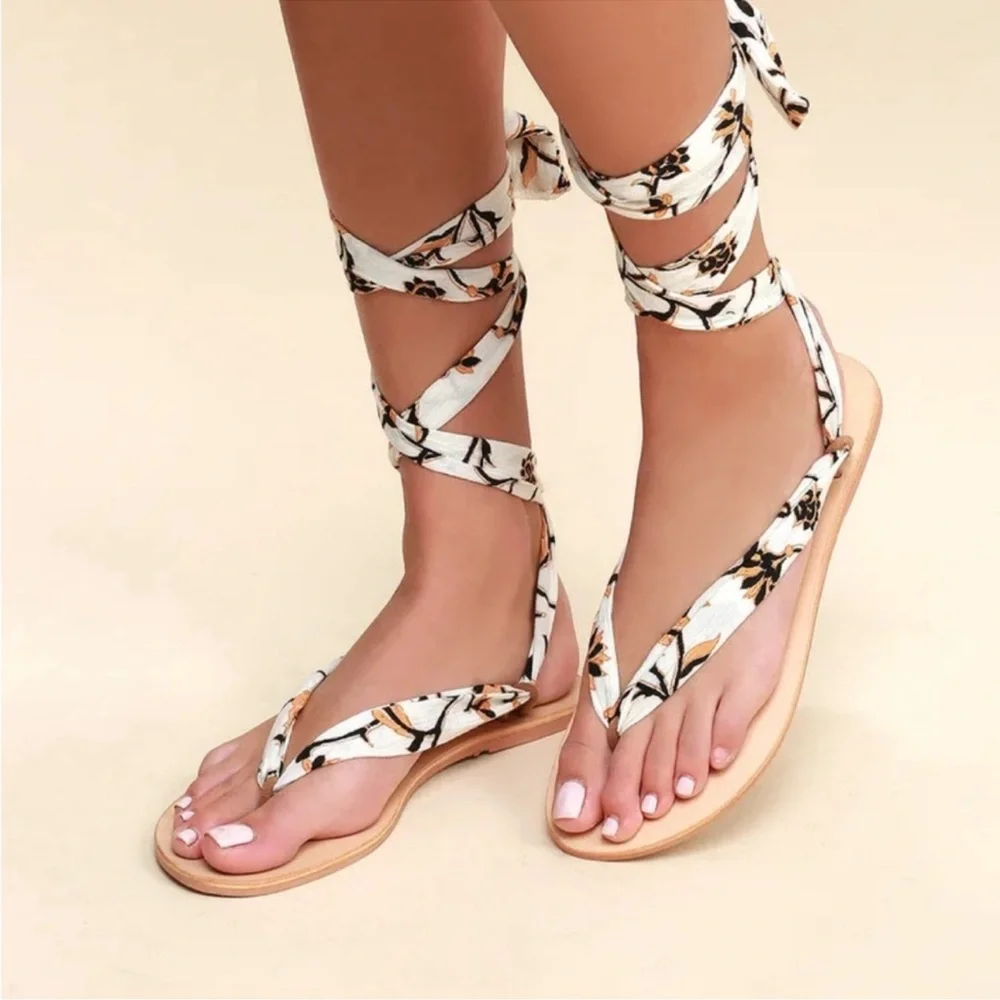 Amuse Society x Matisse Oceano Natural Print Lace-up Thong Sandals size 9